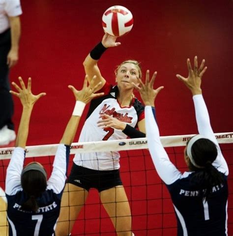 Nebraska volleyball players (L-R) Gina Mancuso (7), Lara Dykstra (1), Meghan Haggerty (20 ...