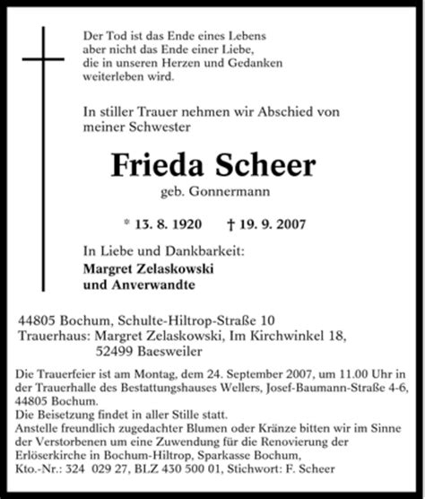 Traueranzeigen Von Frieda Scheer Trauer In Nrw De