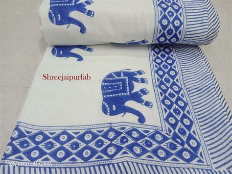 Buy New Elephant Print Reversible Cotton Ac Dohar In Blue Color Hand