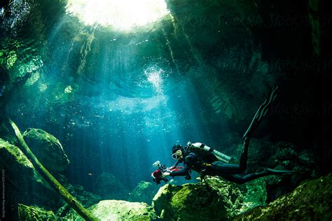 A Scuba Diver Swimming In Mexico S Tajma Ha Cenote Del Colaborador De