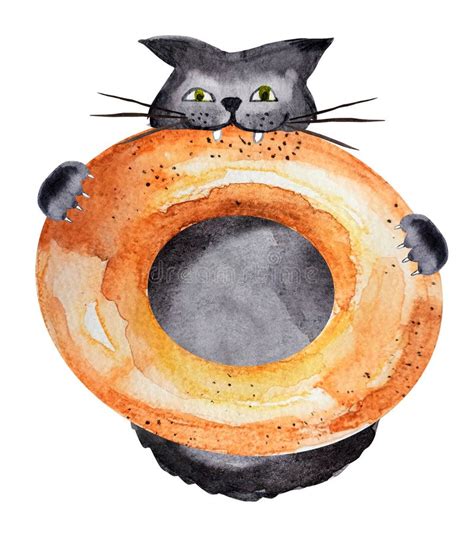 Bagel In The Teeth Of A Black Cat With A Mustache Watercolor