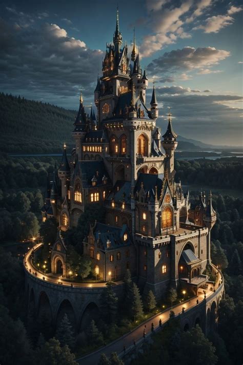 An Aerial View Of A Castle Lit Up At Night