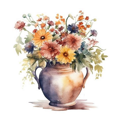 Premium Ai Image Watercolor Painting Of A Vase With Flowers And Leaves