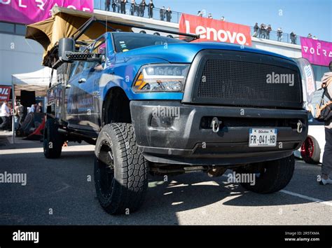 Detail Of A Large Blue Ram Pickup Off Road Truck With Cummins Engine