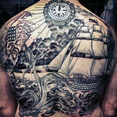 Gorgeous Black Ink Detailed Nautical Tattoo With Squid And Ship On