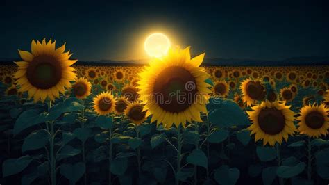 Sunflower Fields And The Glow Of The Moon At Night Background Stock