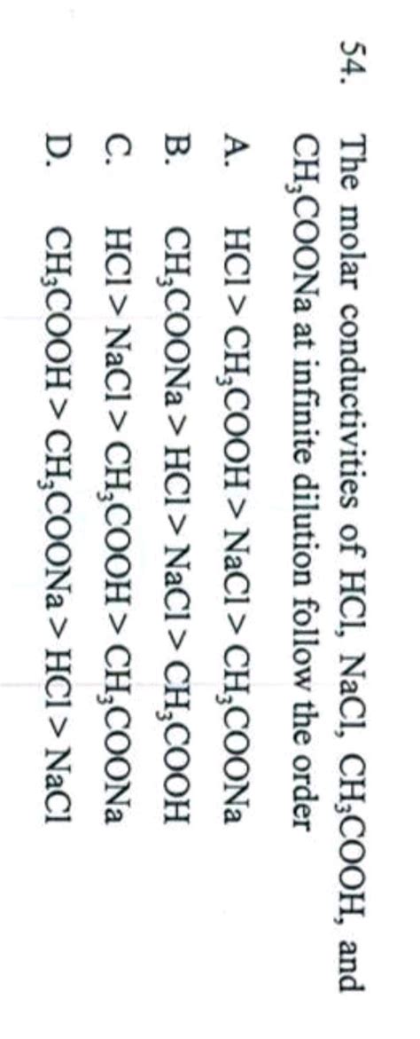 The Molar Conductivities Of HCl NaCl CH3COOH And CH3COONa At