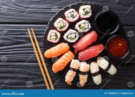 Japanese Sushi Food Maki Ands Rolls With Tuna Salmon Shrimp Crab