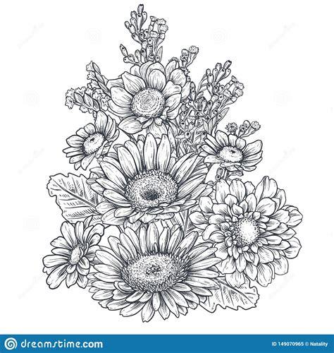 Floral Composition Bouquet With Hand Drawn Flowers And Plants