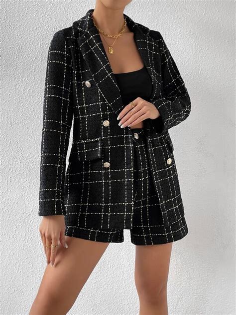 SHEIN Frenchy Plaid Pattern Double Breasted Blazer Shorts SHEIN UK