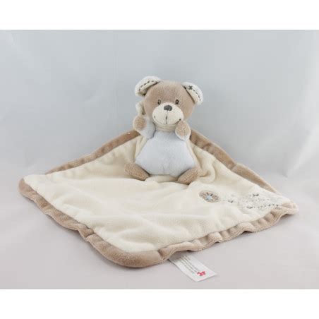 Doudou plat carré écru beige ours bleu NICOTOY