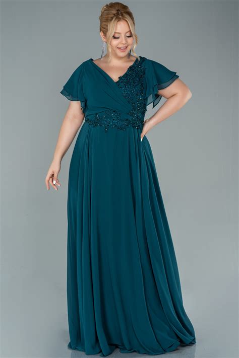 Long Emerald Green Chiffon Plus Size Evening Dress Abu2576