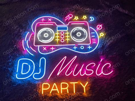 Dj Music Party Neon Sign On Brick Wall