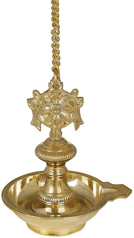 10 Roof Hanging Lamp With Vaishnava Symbols Conch And Chakra In Brass Handmade Made In