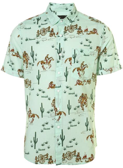 Topman Mint Cotton Cowboy Print Shirt In Green For Men Multi Lyst