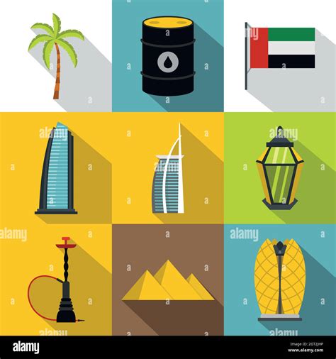 Tourism In Uae Icons Set Flat Style Stock Vector Image Art Alamy