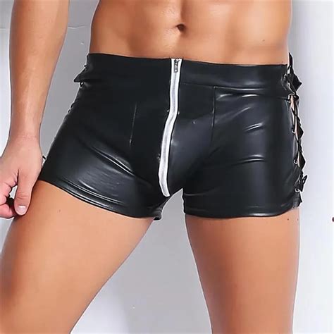 Leopard Print Patent Faux Leather Boxer Shorts For Men Sexy Black