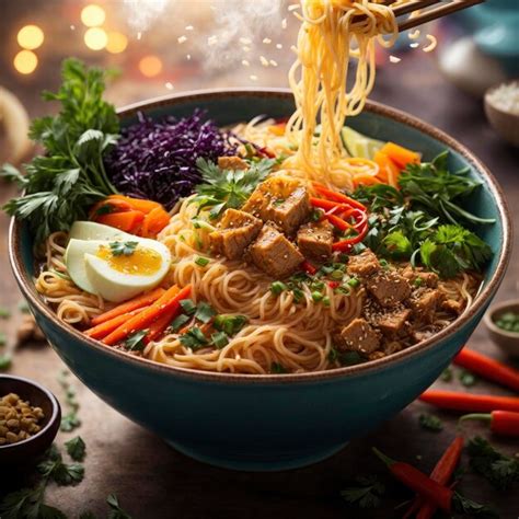 Premium AI Image A Bowl Of Vibrant Steaming Asian Noodles