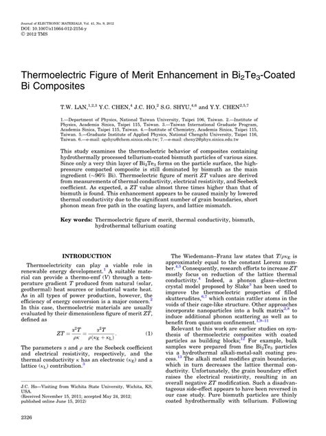 PDF Thermoelectric Figure Of Merit Enhancement In Bi2Te3 Coated Bi