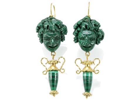 Proantic Boucles D Oreilles Anciennes Or Malachite Camee