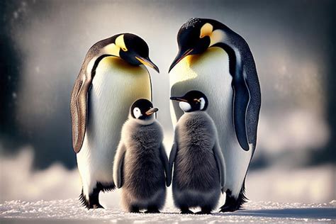 Premium AI Image | A penguin family with a baby on the right side.