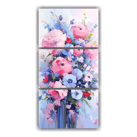 Conjunto De 3 Telas En Bastidor Para Decoración Floral En Rosa Y Azul