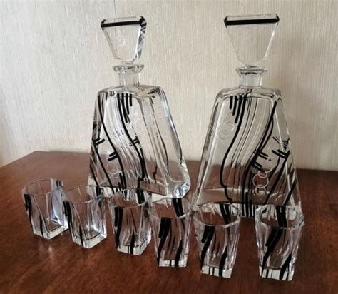 Art Deco Decanter Set Two Matching Decanters Six Glasses In Style Of