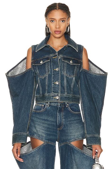 Area Crystal Embellished Cutout Denim Jacket In Vintage Indigo Fwrd