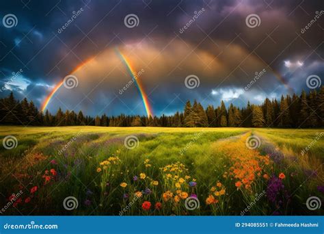 A Vivid Rainbow Arching Over A Lush Meadow Its Colors Blending