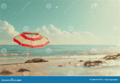 A Beach Scene With A Red And White Striped Umbrella Stock Photo Image