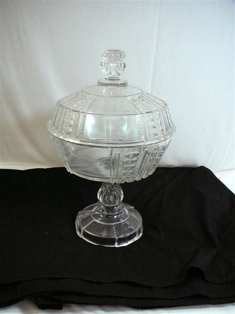 Antique Large Clear Glass Covered Compote Old Elegant