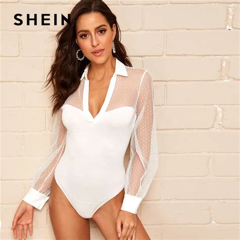 Shein Sexy Sheer Dot Mesh Insert Buttoned Neckline Mid Waist Skinny