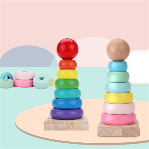 Jual Mainan Anak Ring Donat Kayu Susun Rainbow Unisex Mainan Edukasi