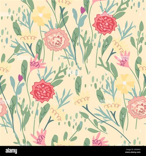 Minimalist Floral Seamless Pattern Bright Flowers And Green Leaves