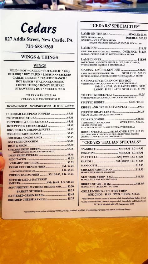 Menu At Cedars Restaurant New Castle