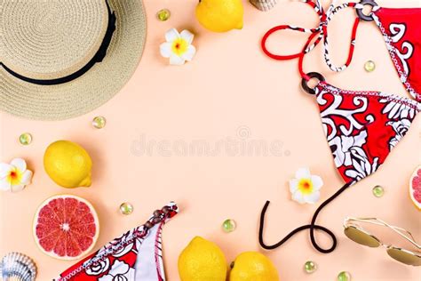 Bikini Swimsuit With Straw Hat Flowers And Fruits Flat Design Summer