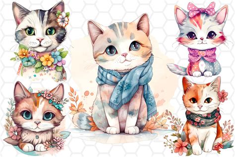 Watercolor Floral Cat Clipart Bundle Png Graphic By Dreanartdesign