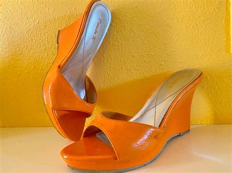 Orange Patent Shoes Retro Wedge Open Toe Slides Vegan Leather Etsy