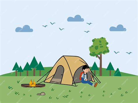Premium Vector | Boy goes camping in natures embrace