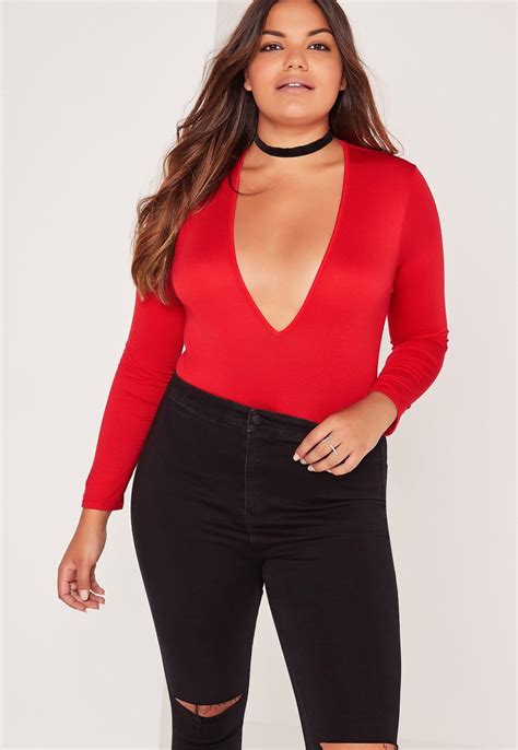 Missguided Plus Size Deep Plunge Bodysuit Red Deep Plunge Bodysuit