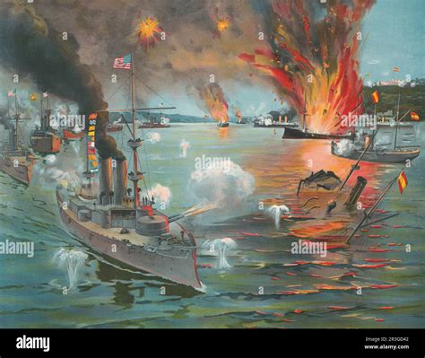 A naval battle in Manila Bay, Philippines, between the Asiatic Squadron ...