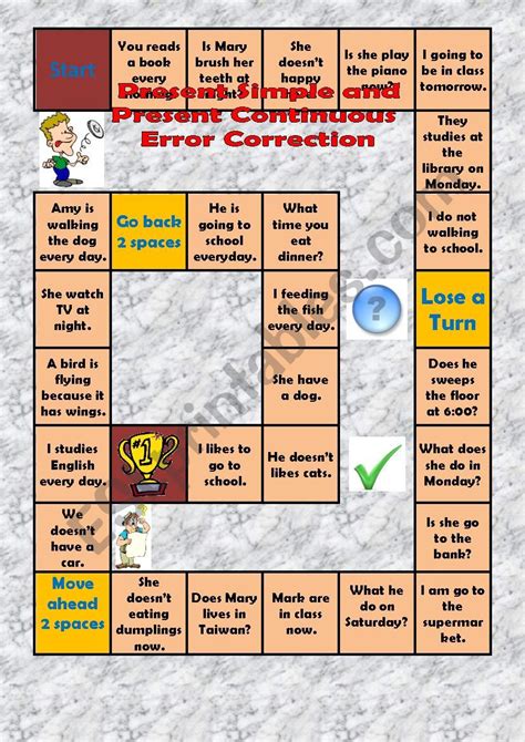 Simple Present And Present Continuous Error Correction Board Game Esl