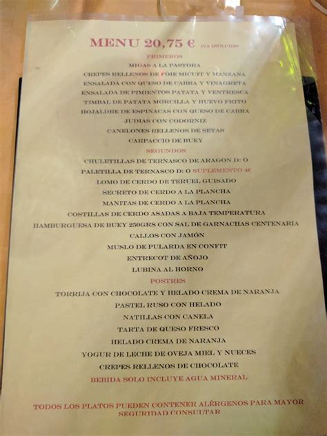 Carta Del Restaurante El Buen Yantar Albarrac N