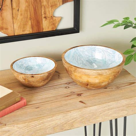 Litton Lane Light Blue Handmade Mango Wood Nesting Decorative Bowl Set