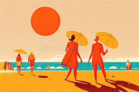 Minimalist Illustration Of People Enjoying The Beach And Sunshine Stock