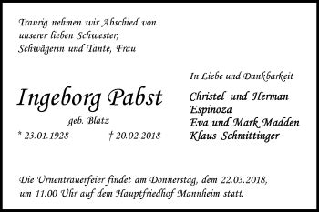 Traueranzeigen Von Ingeborg Pabst Trauerportal Ihrer Tageszeitung