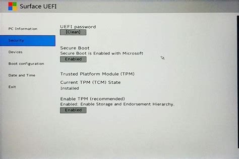 Tpm Bios Password Uefi Bios Setup On Microsoft Surface Pro 4 Guide