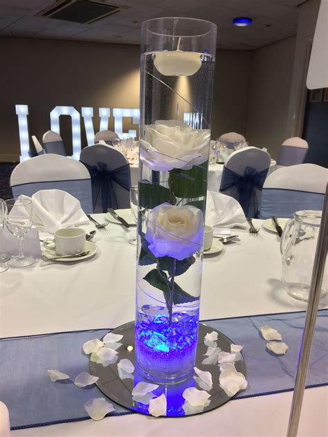 Tall Cylinder Vase Centrepiece With White Roses Submerged In Water Led Light Crushed I