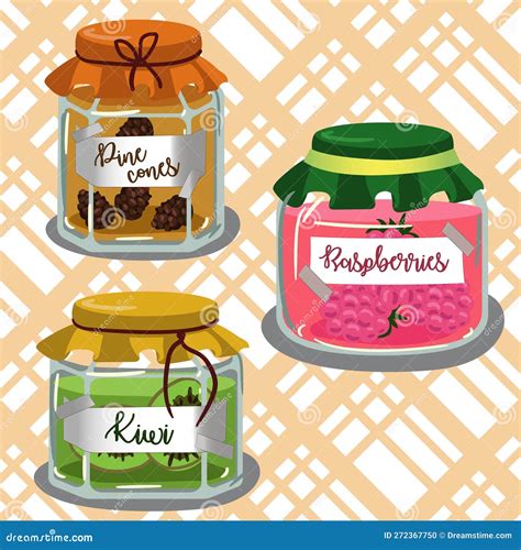 A Set Of Fruit Jams In Glass Jars In Cartoon Style Kiwi Raspberries