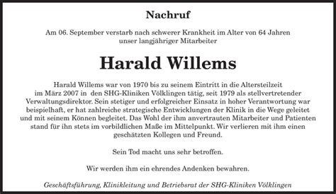 Traueranzeigen Von Harald Willems Saarbruecker Zeitung Trauer De